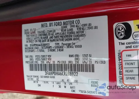2012 Ford Fusion Se z USA, uszkodzony, nr VIN 3FAHP0HA6CR288922
